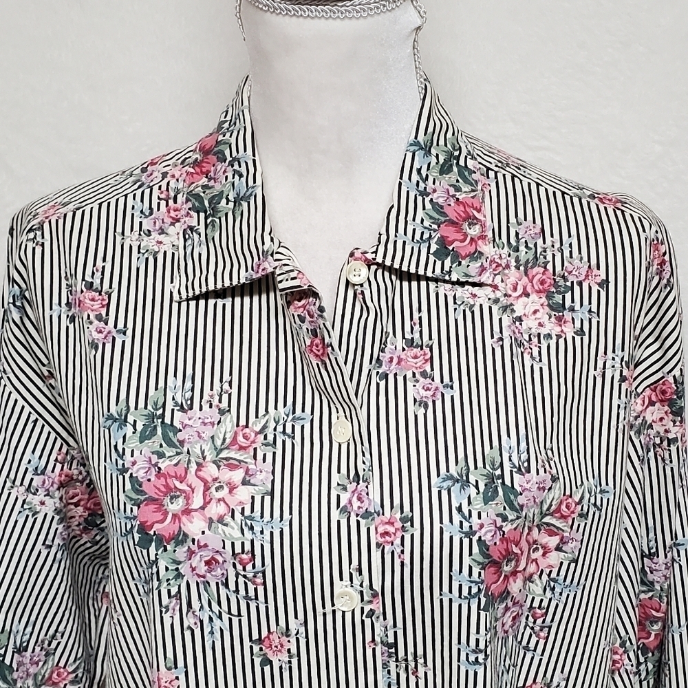 Casey & Max Vintage 80s Mixed Media Floral Striped Hi-low Button Up Blouse L - Picture 5 of 15